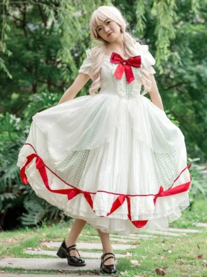 White classic lolita one-piece plaid dress rear side three-quarter view swirling skirt motion