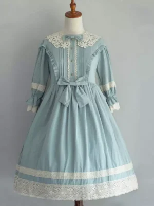 Classic Lolita pinafore dress with lace collar light cyan color puff sleeves front bow ruffle lace hem sweet lolita fashion