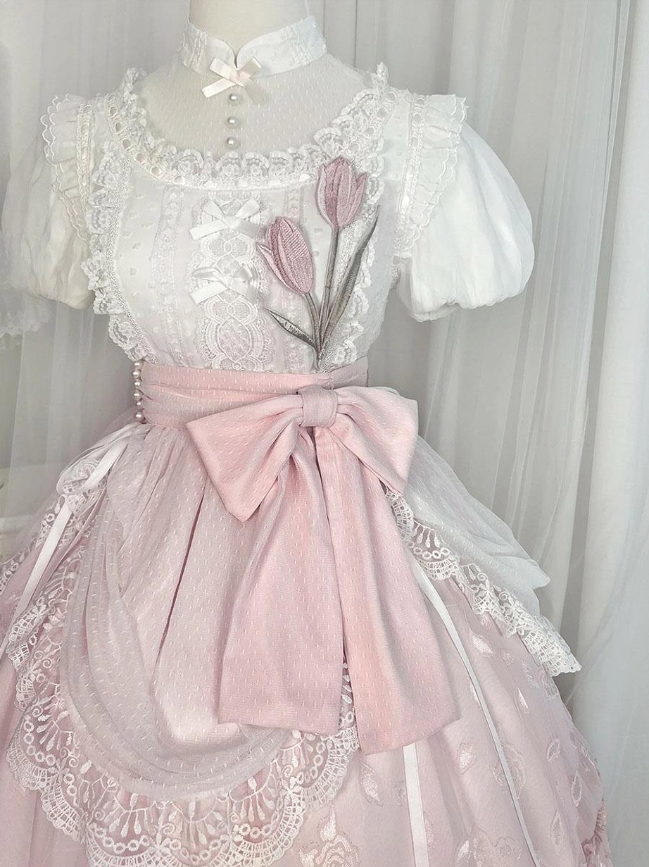 Pink classic lolita dress detail view floral embroidery polyester fabric quality puff sleeves lace embellishments