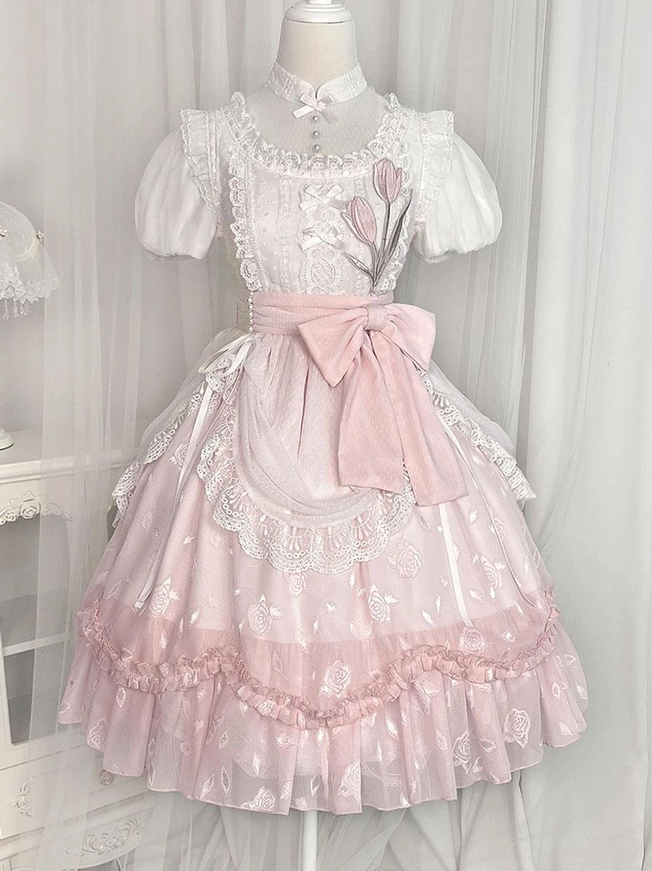 Pink classical lolita dress front full view indoor studio stand collar puff sleeves tulip embroidery waist bow