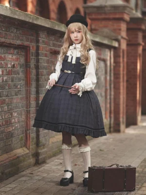 Deep Blue Classic Lolita Plaid Jumper Dress with Cascading Ruffles - Full Front View with White Blouse