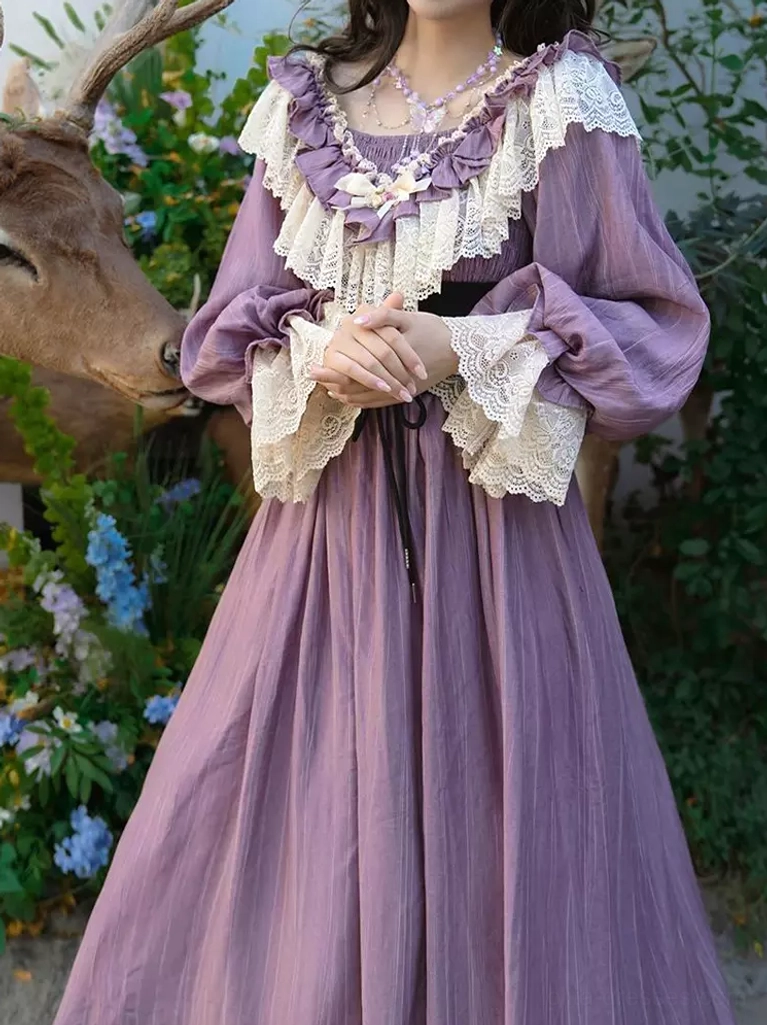 Purple classic lolita Victorian dress full length front view with solid bodice and flowing maxi skirt silhouette