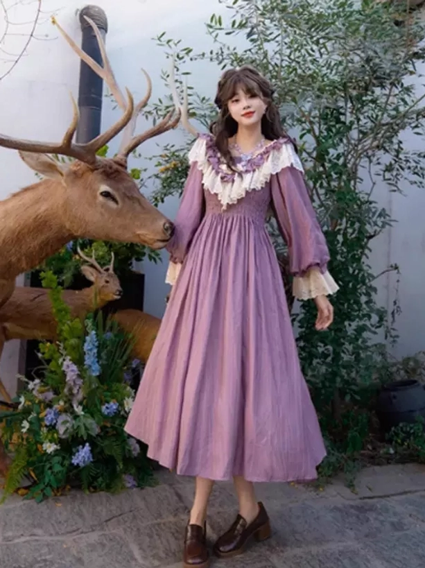 Classic lolita purple Victorian dress full-length front view with midi skirt and coordinating footwear styling