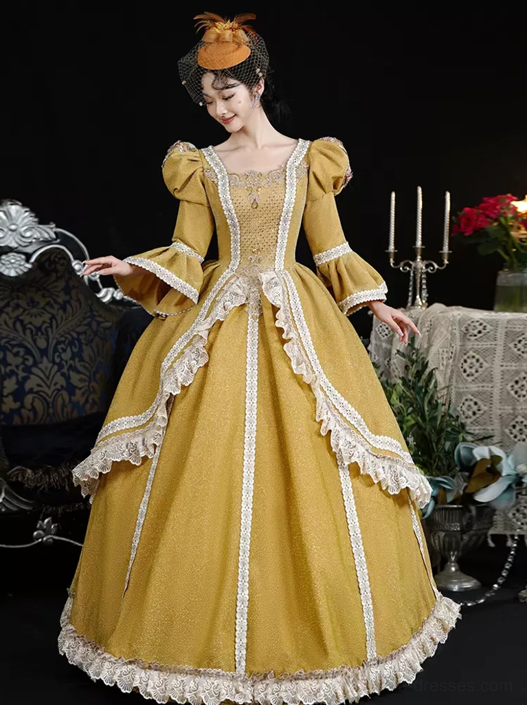 Side three-quarter view of classic lolita ball gown emphasizing puff bell sleeves, lace trim details, relaxed pose, and full skirt silhouette