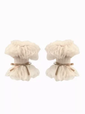 Classic lolita cream beige white ruffled mesh arm sleeves with decorative satin bows flat lay front view