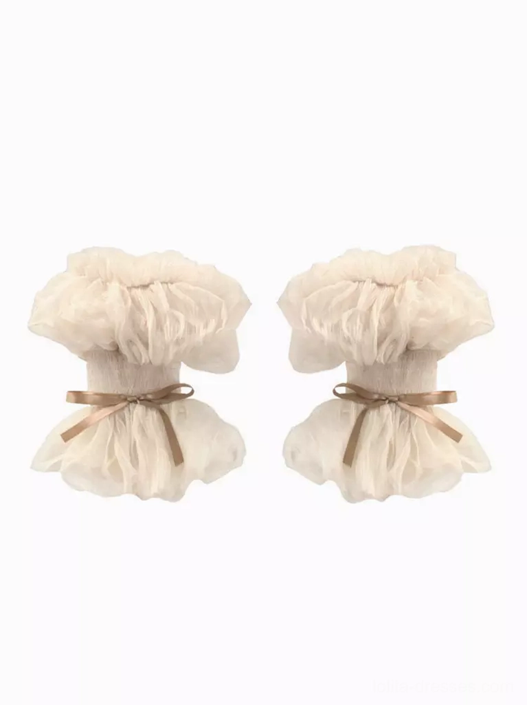 Classic lolita cream beige white ruffled mesh arm sleeves with decorative satin bows flat lay front view