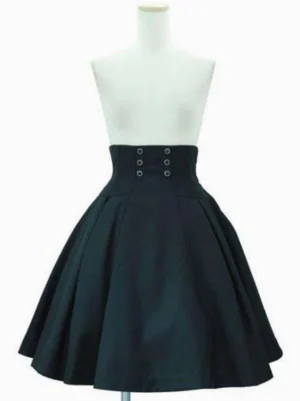 Black grommet lace-up classic Lolita skirt front view, high-waisted cotton SK with double metal eyelet rows and pleated flare silhouette
