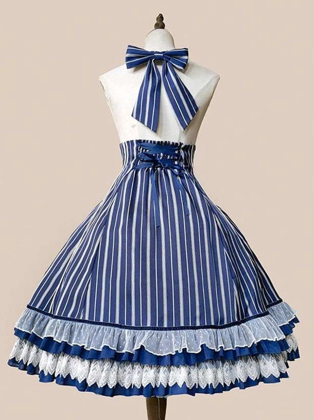 Sky blue striped classic lolita jumper dress detail shot, highlighting vertical stripe pattern, structured silhouette, and decorative bow embellishments