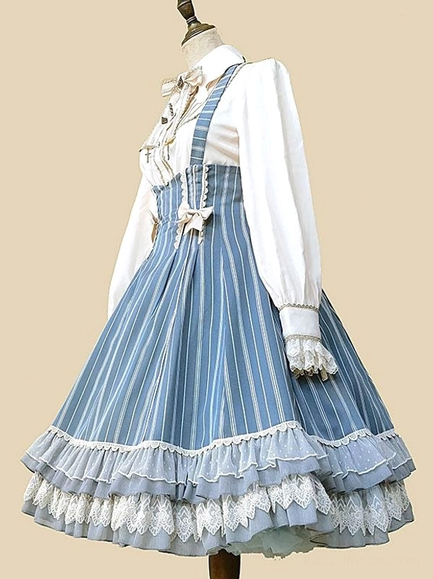 Classic lolita striped dress set with white ruffled blouse on mannequin, side view showing structured a-line skirt and lace hem details
