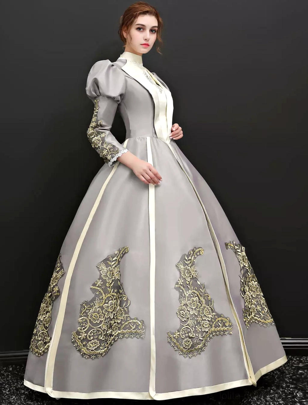 Classic Lolita Victorian formal gown side front silhouette view emphasizing stand collar, voluminous puffed sleeves, and elegant grey and cream color blocking