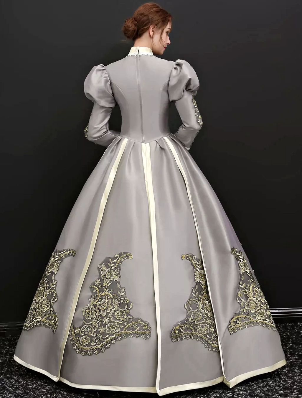 Victorian Classic Lolita ball gown back view showing concealed back zipper design, cream fabric trims, and gold floral embroidery throughout the trailing skirt