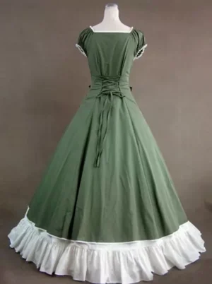 Classic Lolita Victorian green dress back view showing lace-up corset closure adjustable waist white ruffled hem and sleeve trims