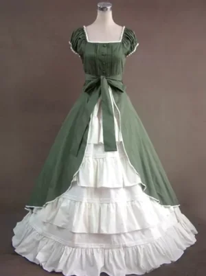 Classic Lolita Victorian green and ivory puff sleeve dress front view with square neckline layered ruffled skirt and waist bow detail