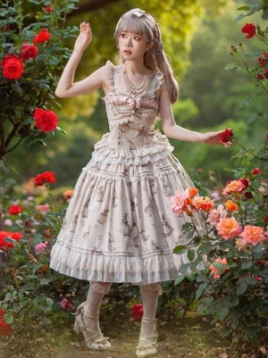 Light apricot lolita waistcoat side profile showing layered ruffled skirt details, worn with pearl necklace and coordinated accessories in outdoor garden scene