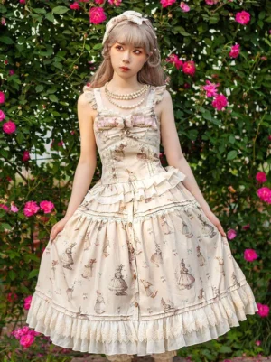 Light apricot classic lolita sleeveless waistcoat vest with vintage bunny print, ruffled lace hem, square neckline with bow straps, front view on model in rose garden setting