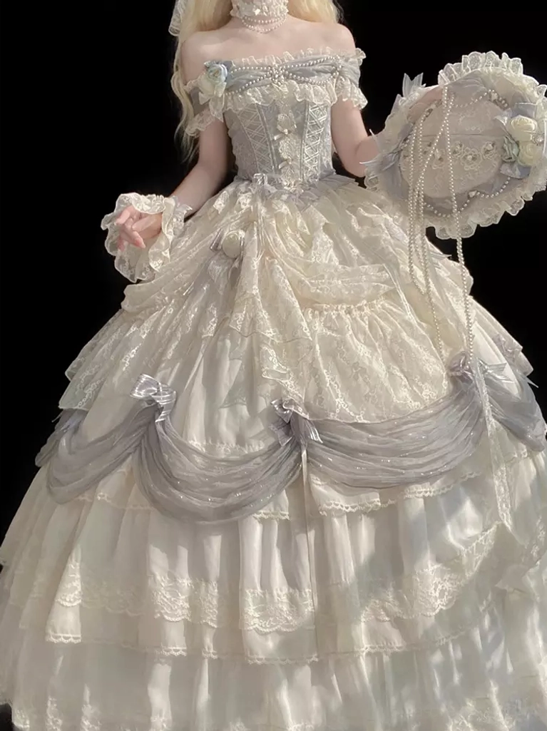 elegant sweet lolita princess gown floral pearl decorations off-shoulder lace ruffles layered tulle skirt details
