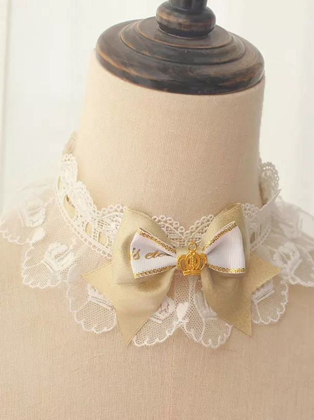 Classic lolita white scalloped lace choker with champagne gold bow and delicate crown charm elegantly displayed