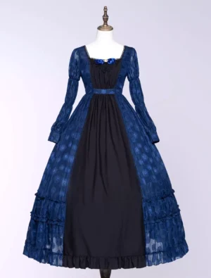 Classic dark navy jacquard lolita dress front view full-body shot displayed on dress mannequin with black front panel ruffled skirt hem square neckline velvet bow accent