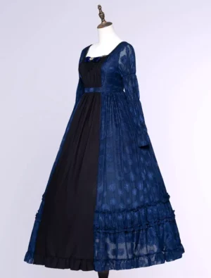 Classic dark navy lolita dress side profile shot displaying asymmetrical two-tone design long puff sleeves high-waisted silhouette a-line skirt silhouette