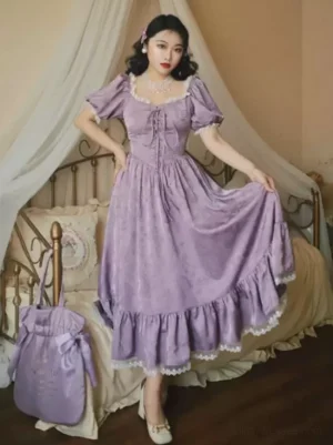 Classic purple jacquard lolita dress with lace-up corset bodice, puff sleeves, and white lace-trimmed hem - full front view on model in canopy bedroom setting