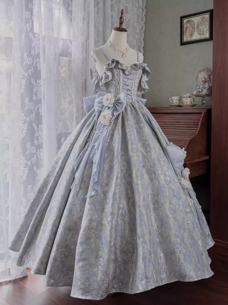 Classic purple off-shoulder Lolita ball gown with lace-up corset front view full length dress with ruffled neckline and ornate back bow elegant vintage room setting