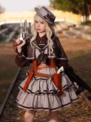 Classic striped sleeveless Lolita JSK dress with tiered ruffles and sailor collar in deep brown color, front full view on model with coordinated styling