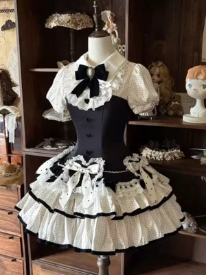polka dot lolita dress craft studio setting front view cameo brooch collar bow layered frilled skirt sweet lolita style
