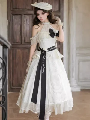 Classic white halter off-shoulder lolita ball gown with black velvet bow and embroidered sash, front three-quarter view on model in vintage mansion setting