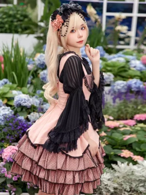 Classical lolita dress three-quarter side view showing square neckline lace trim and tiered ruffle skirt design