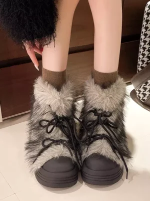 Coffee brown faux fur lace-up sweet lolita boots front view with black laces and thick sole on wooden floor with model wearing brown socks