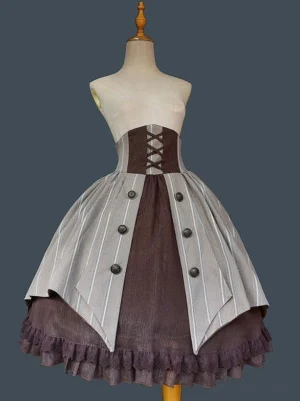 Coffee brown gothic lolita skirt front view with striped corset waist and ruffled hem on dress form mannequin