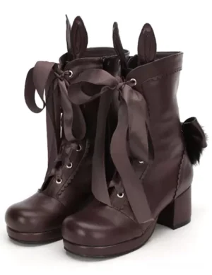 Coffee brown Lolita short boots with square heels and bunny ear decorations front three-quarter view showing lace-up satin bows