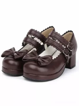 Coffee brown lolita Mary Jane chunky heels featuring scalloped collar detail and front bow, oblique angle product photography