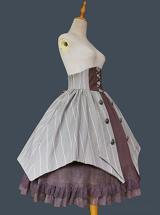 Coffee brown lolita skirt side profile displaying asymmetrical front panel with brown underlayer and vertical stripes