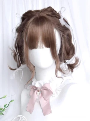 Short coffee brown Lolita wig displayed on white mannequin head, half-up braided curly style with white ribbon ornaments and blunt bangs, front view