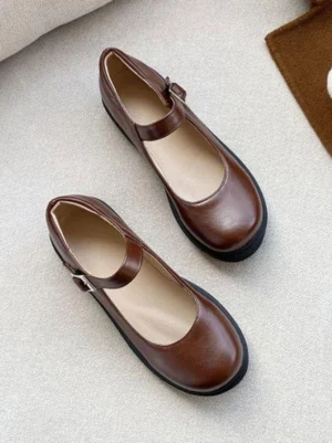 Coffee brown Mary Jane Lolita pumps flat lay top view showing smooth PU leather upper, round toe silhouette, adjustable metal buckle ankle strap, and classic Lolita footwear design