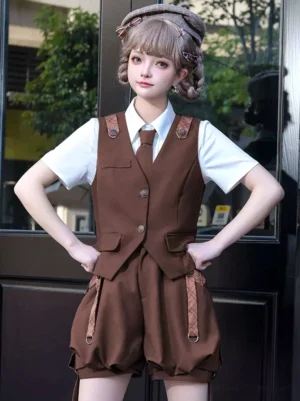 Coffee brown ouji lolita outfit straight front view with hands on hips showcasing front-buttoned waistcoat and structured silhouette