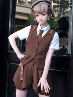 Coffee brown ouji lolita overcoat and suspender pants set front three-quarter view with fitted waistcoat and plaid strap decorations on model wearing lolita fashion