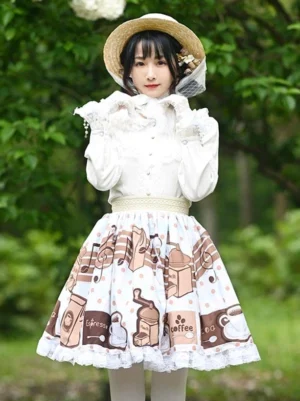 Sweet Lolita coffee brown overskirt with white lace trim and floral print, worn with white ruffled blouse in outdoor garden setting, front full-body view