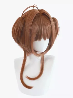 Coffee brown lolita cosplay wig three-quarter side view showing curved hanging side strands and antenna hair tufts on mannequin