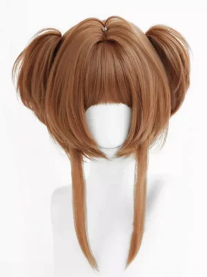 Coffee brown twin bun sweet lolita wig with blunt bangs and face-framing strands front view on white mannequin head display