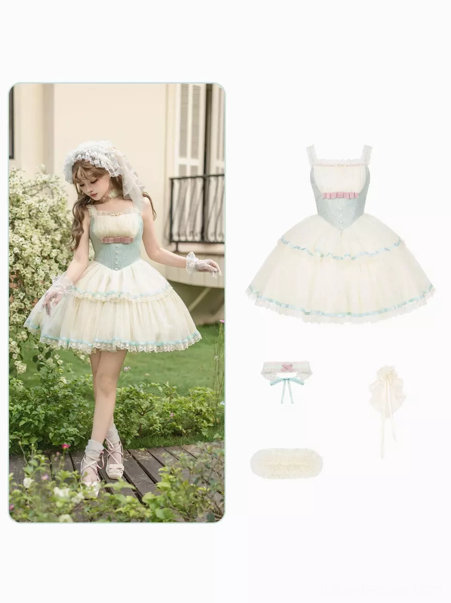 Complete fairy lolita four-piece set composite flat lay lifestyle JSK dress hair bonnet choker gloves cream mint palette