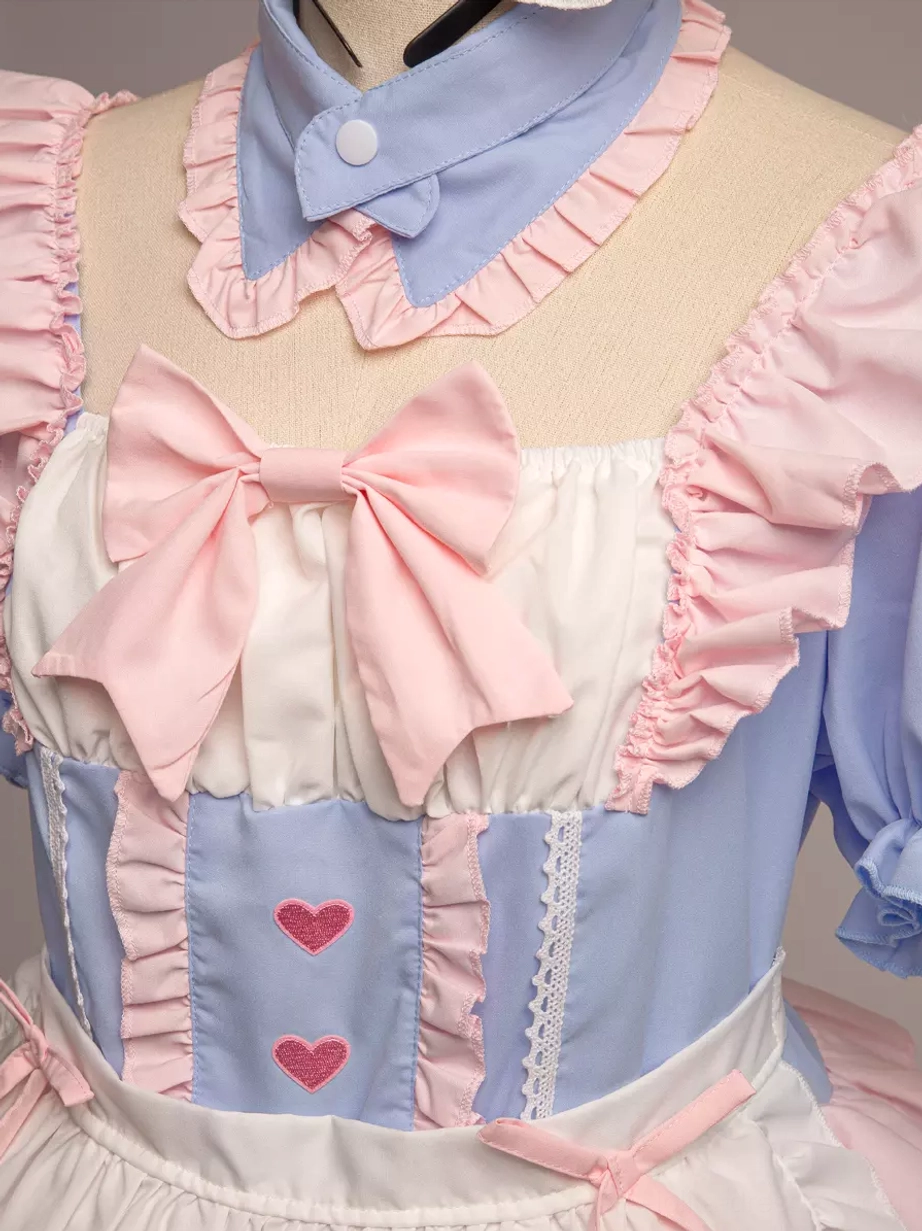 Sweet pink and blue maid Lolita dress complete ensemble display with all accessories