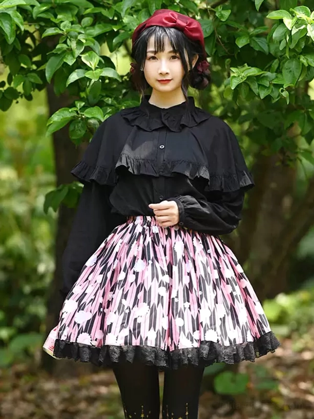 Coordinated lolita outfit full front view model with red beret hand resting pleated printed skirt