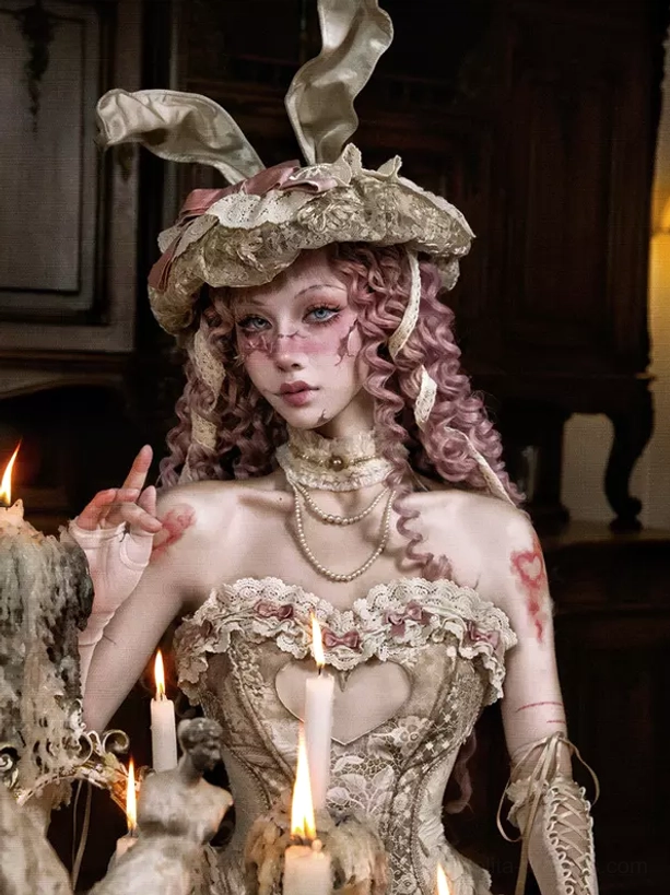 Cream ivory lace corset structured bodice showing boning and elegant rococo silhouette for lolita fashion