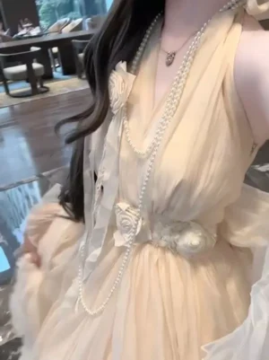 Fairy lolita dress cream close-up upper body detail showing pearl chain decoration 3D flower appliques and ruched waist