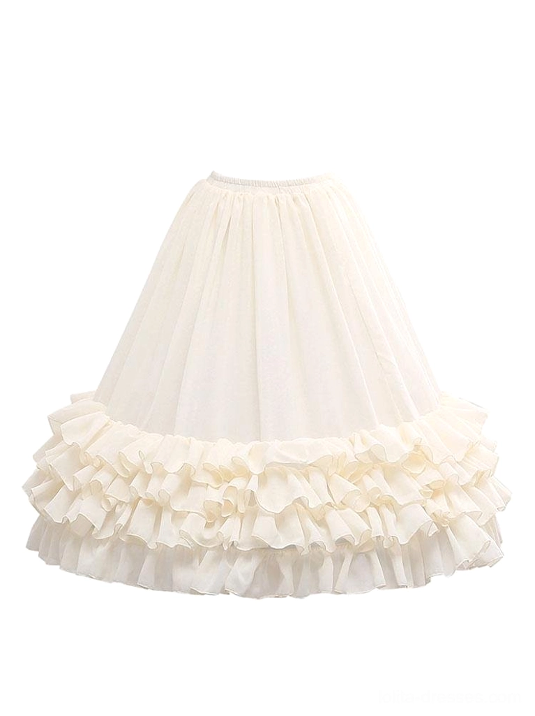 Cream beige lolita petticoat flat lay multi-tier ruffle hem soft romantic aesthetic clean background