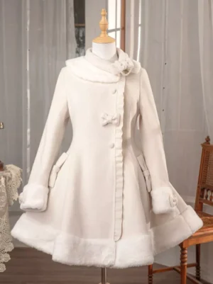 Front full view of cream fur-trimmed lolita winter coat displayed on wooden mannequin showing flared silhouette and bow decorations