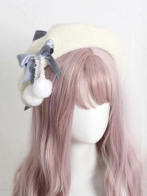 Cream white lolita beret variant with gray satin ribbon bows and white pom-pom details