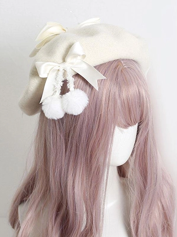 Cream white lolita beret with ivory satin bows and white pom-pom details, soft felt texture